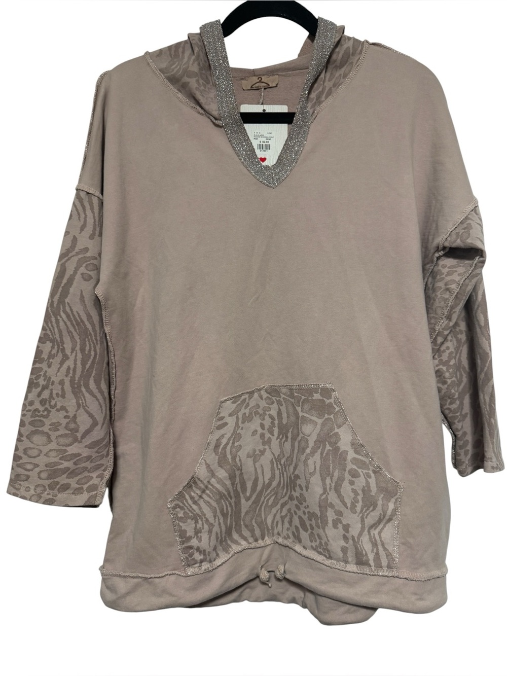 Made in Italy Boho Lagenlook Mixed Print Hoodie Taupe V-Neck Sweatshirt OS